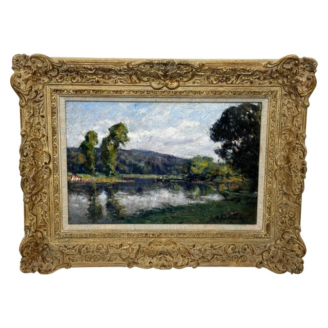 1920s Impressionist Oil Painting Fishing River Orne Normandy France by André Pré For Sale
