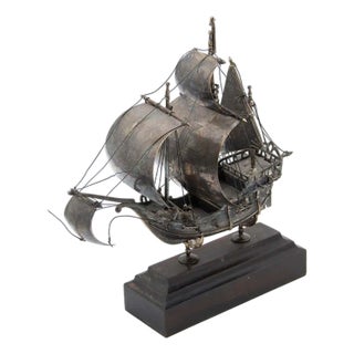 Portuguese Silver Caravel with Wooden Base For Sale