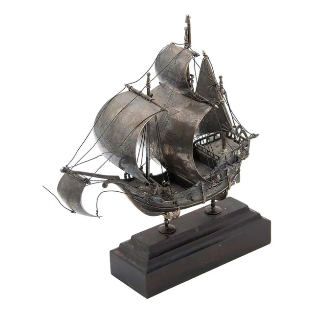 Portuguese Silver Caravel with Wooden Base For Sale