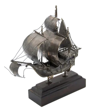 Portuguese Silver Caravel with Wooden Base