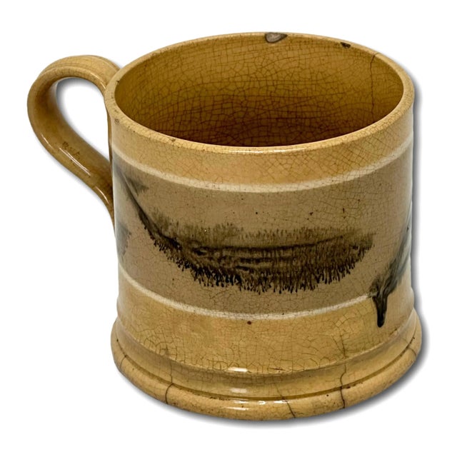 English Rare Full Size Antique English Black Seaweed Decorated Yellow Mocha Ware Mug - Circa Mid 1800s For Sale - Image 3 of 12
