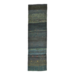 Vintage Tribal Runner Green Wool Hand-Knotted Oriental Rug - 2’9” X 9’7” For Sale