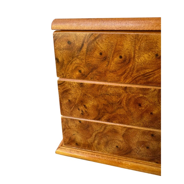 1970s Vintage Mele 3‑Tier Swiveling Jewelry Box • Minimalist Mid Century Modern Organizer • Faux Burled Wood Vanity Storage For Sale - Image 5 of 8