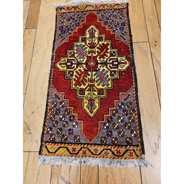 Vintage Turkish Tribal Prayer Rug, Handwoven Wool Pile, Red Medallion, 2' x 3' For Sale - Image 4 of 12
