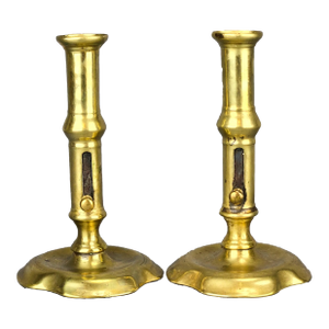 1750's English Queen Anne Push Up Brass Candlesticks- a Pair