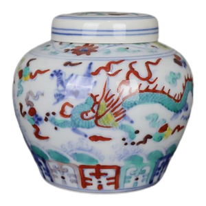 Early 20th Century Chinese Ceramic Tea Jar China Blue and White Doucai Porcelain Chenghua Tian Marked Jar Hand Painted Dragon and Phoenix Pattern