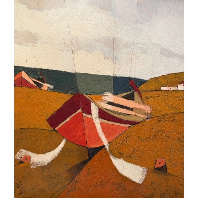 Mid-Century Modern Mid Century Modernist Abstract Landscape Painting - A Boat Sits on a Beach - Signed For Sale - Image 3 of 11