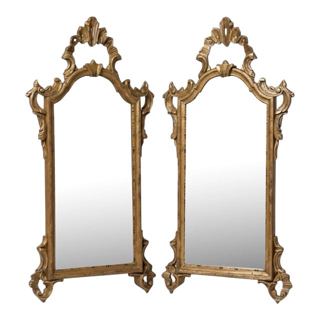 Mid-Century Italian Carved Giltwood Mirrors W/ French Rococo Styling - Pair For Sale