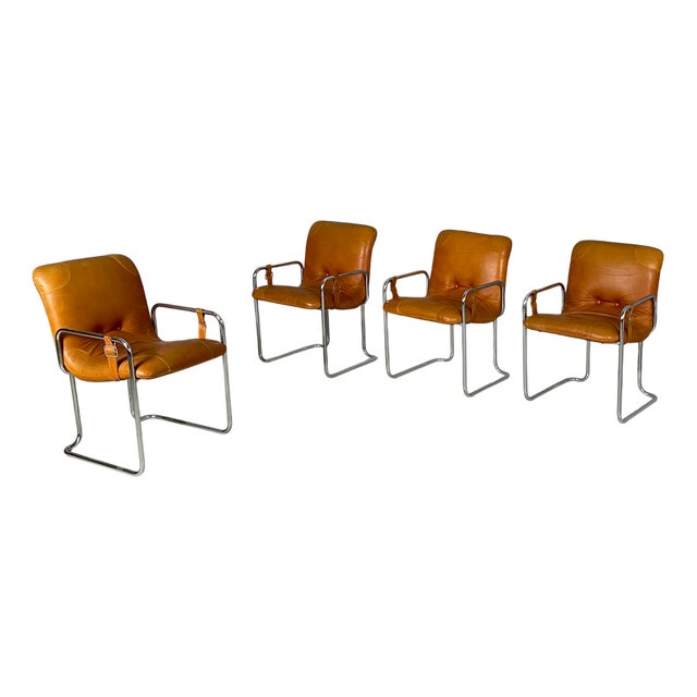Italian Modern Brown Leather and Metal Chairs from Guido Faleschini, 1970s, Set of 4 For Sale