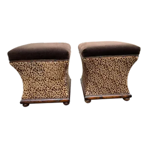 Exotic Pair of Animal Print Upholstered Ottomans