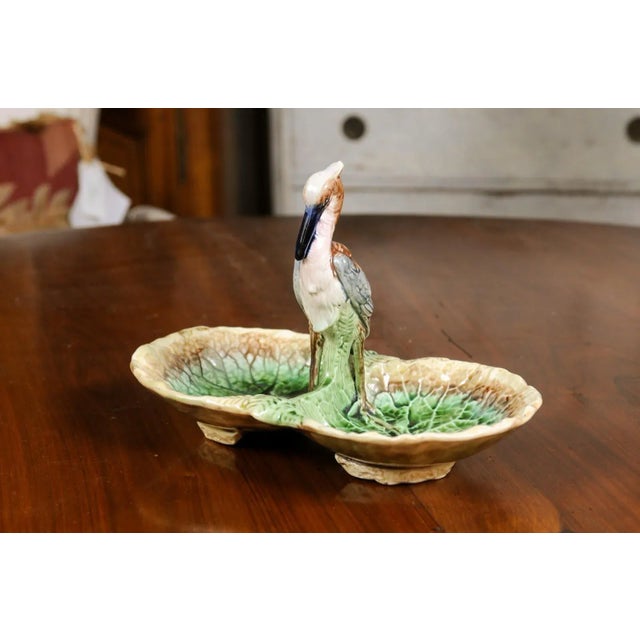 French 19th Century Majolica Two Part Serving Tray with Grey Heron Motif For Sale - Image 10 of 13