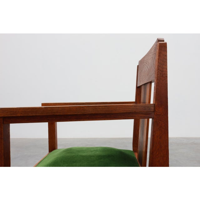 Wood Amsterdamse School Oak and Velvet Side Chair, the Netherlands, 1920s For Sale - Image 7 of 15