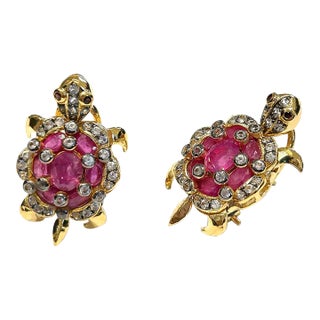 Bochic “Orient” Ruby & White Topaz Turtle Earrings Set 18k Gold & Silver - 2 Pieces For Sale