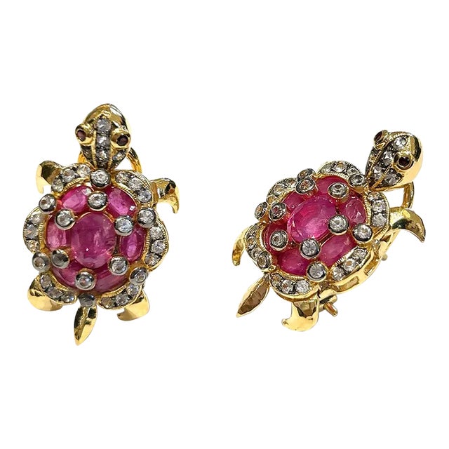 Bochic “Orient” Ruby & White Topaz Turtle Earrings Set 18k Gold & Silver - 2 Pieces For Sale