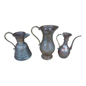 Antique Egyptian Hammered Copper Water Can Jug Pitchers Set- 3 Pieces