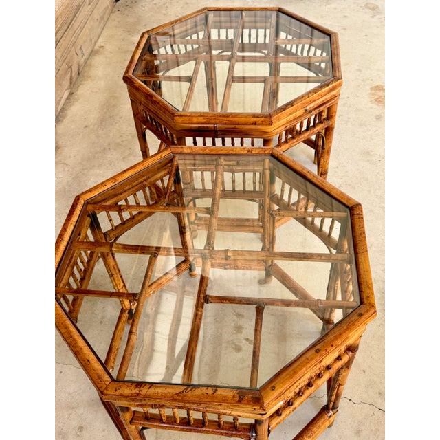A beautifully restored pair of Brighton Pavilion style bamboo end tables by Mersman, showcasing classic British Colonial...