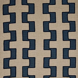 Schumacher Dixon Embroidered Print Linen Fabric in Blue