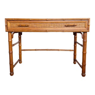 American of Martinsville Faux Bamboo & Cane Writing Desk Console Table MCM For Sale