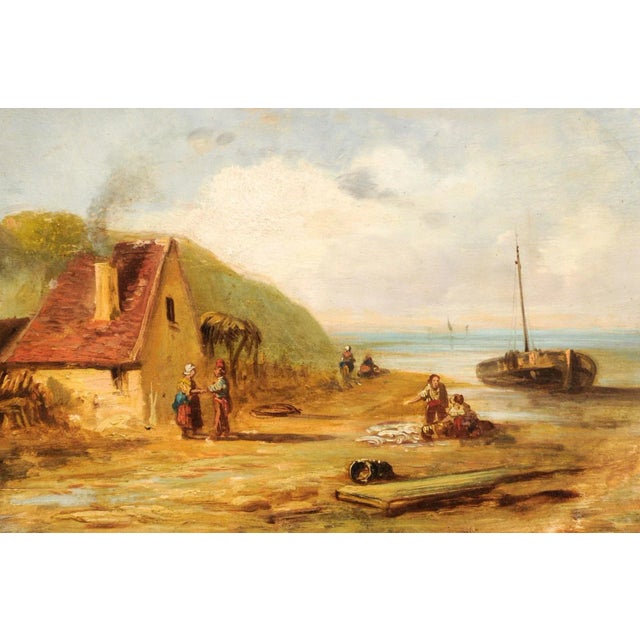 French 19th Century Framed Oil On Panel Painting Depicting a Village by the Sea For Sale - Image 10 of 12