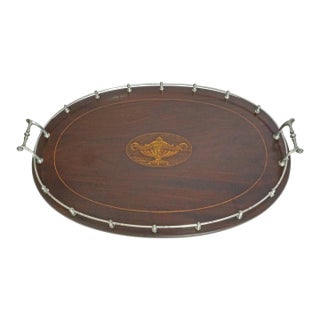 Antique American Sterling Silver Mounted Inlaid Wood Oval Gallery Serving Tray For Sale
