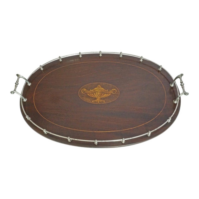 Antique American Sterling Silver Mounted Inlaid Wood Oval Gallery Serving Tray For Sale