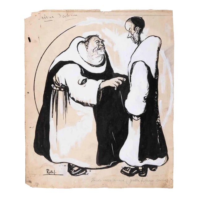 Gabriele Galantara, The Monks, Mixed Media Drawing, Early 20th Century For Sale