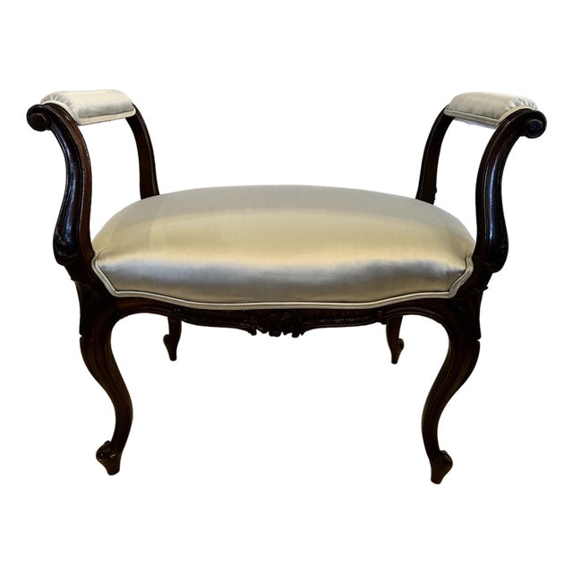 Carved Mahogany Bench With Grey Silk Upholstery For Sale