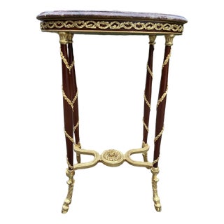 Late 20c Handcrafted Louis XVI Gold Mahogany Marble Side Table For Sale
