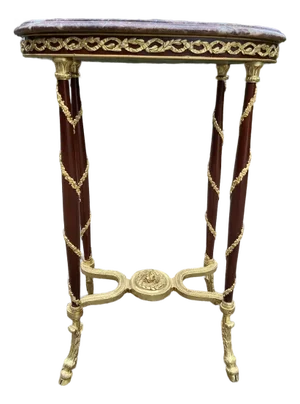 Late 20c Handcrafted Louis XVI Gold Mahogany Marble Side Table
