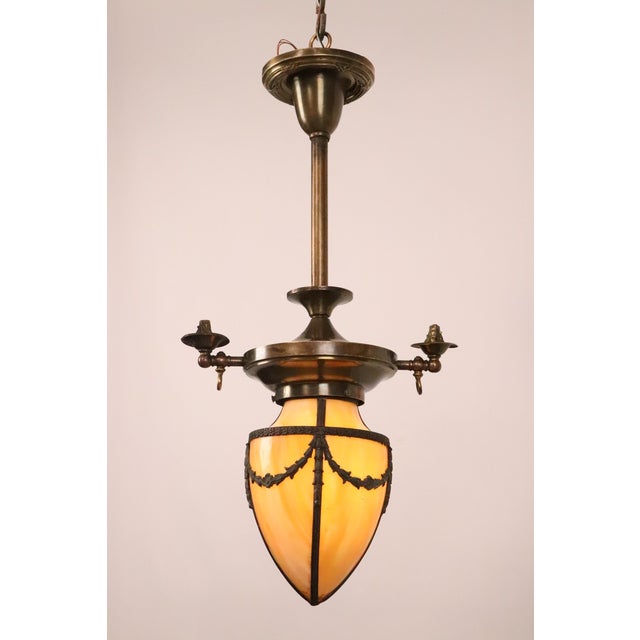 Metal Restored 1890s Stained Glass Converted Gas Brass Pendant Light For Sale - Image 7 of 11