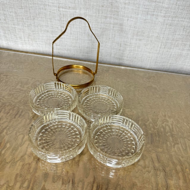 Mid-Century Modern 1950s Mid Century Brass Handled Condiment Server With Starburst Pressed Glass Inserts, Set of Four For Sale - Image 3 of 11