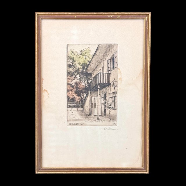 Realism Antique Austrian Hand-Colored Vienna Street Scene Etching Schuberthof, Signed and Framed For Sale - Image 3 of 8