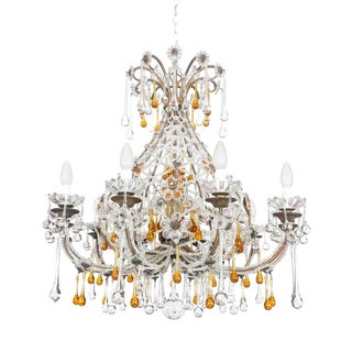 Italian Beaded Crystal 10-Light Chandelier with Amber Drops, 1950s For Sale