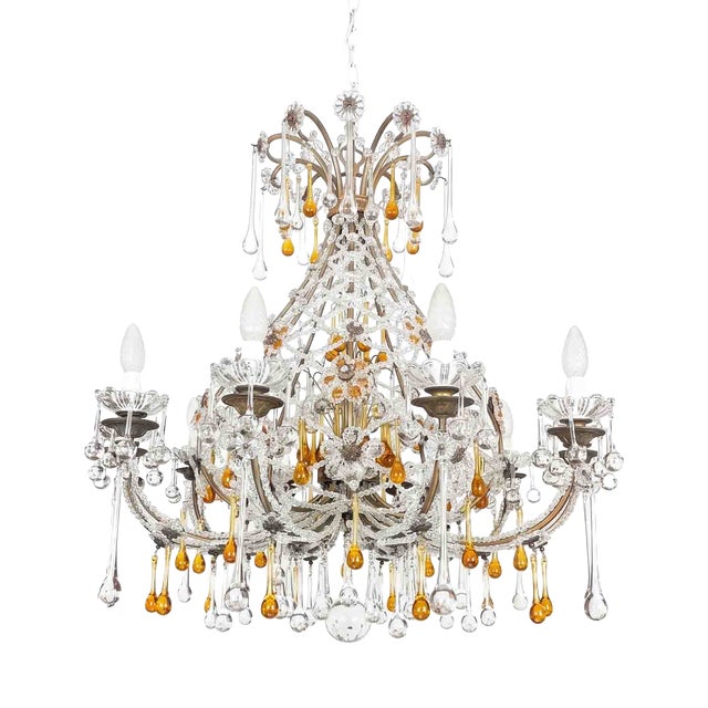 Italian Beaded Crystal 10-Light Chandelier with Amber Drops, 1950s For Sale