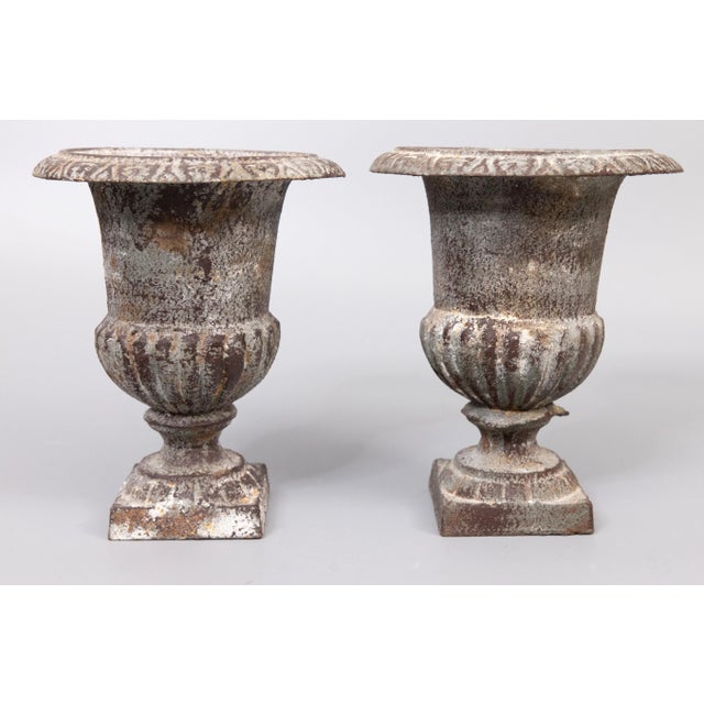 Rustic European Antique French Petite Cast Iron Urns Planters - a Pair For Sale - Image 3 of 9