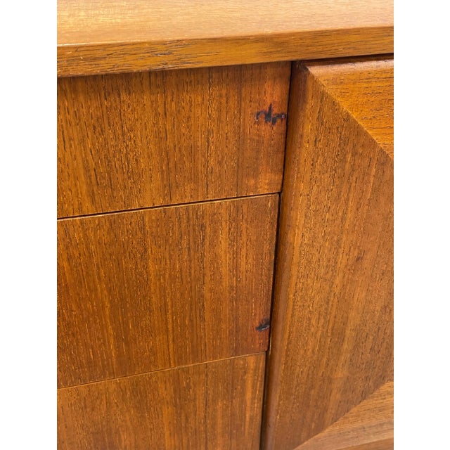 Mid Century Modern Teak Credenza by Stonehill | Long Sideboard With Funky Sculpted Pulls and Sled Legs, Made in England, C. 1960’s For Sale - Image 16 of 18