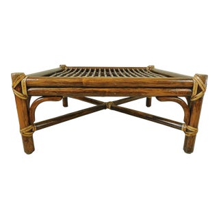 Large Vintage Mid Century McGuire Furniture Leather Wrapped Natural Rattan Bamboo Footstool Ottoman For Sale