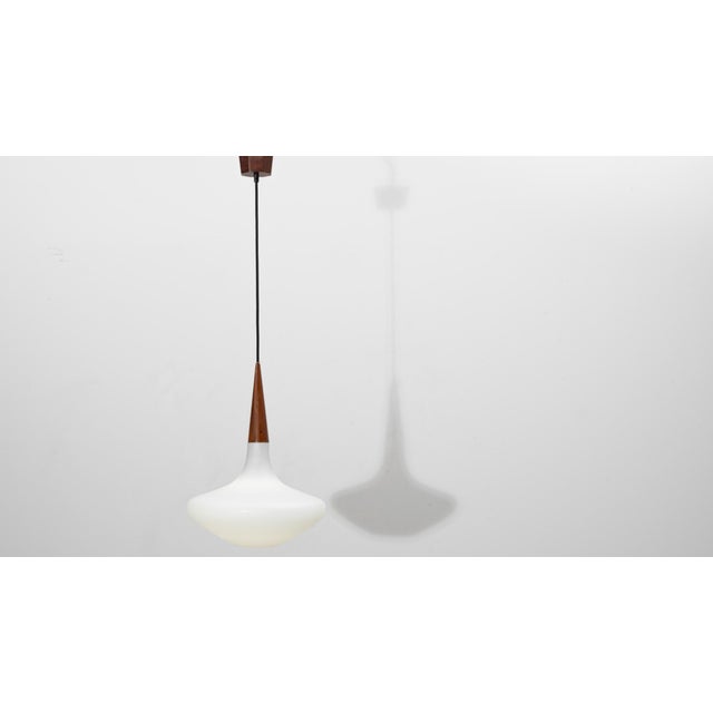 1950s Dutch Philips Wood and Opal Glass Pendant Lamp By Louis Kalff For Sale - Image 4 of 18