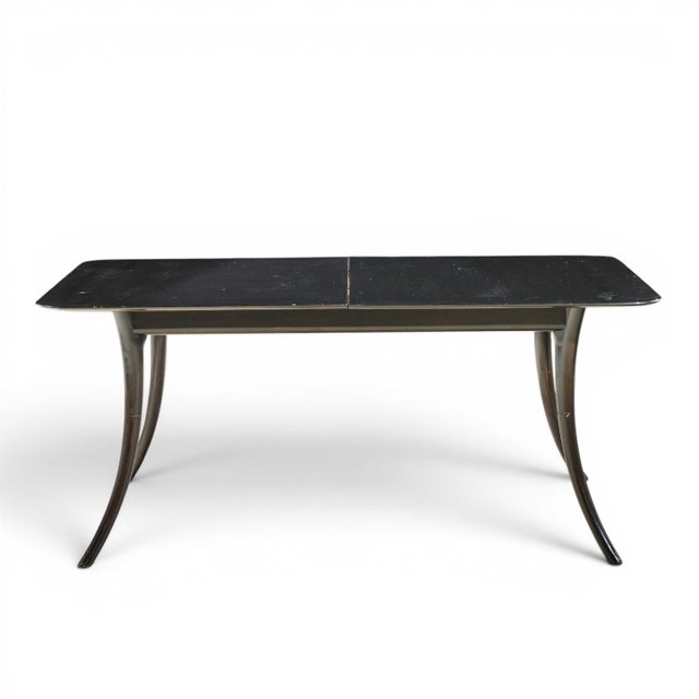 Wood Robsjohn Gibbings for Widdicomb Mid Century Ebonized Expanding Saber Leg Dining Table With 2 Leaves For Sale - Image 7 of 13