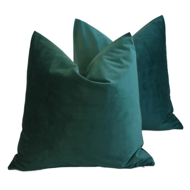 Textile Emerald Green Ultra Soft Double Sided Velvet Feather/Down Pillows - Pair For Sale - Image 7 of 7