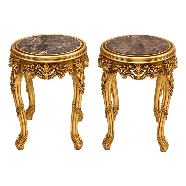 Italian-Style Accent Table Set of 2 – Black Marble Top With Ornate Gold Accents & Elegant Details For Sale