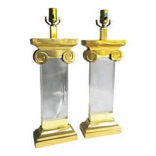 Vintage 1980s Pair of Solid Brass & Lucite Neoclassical Style Column Table Lamps For Sale