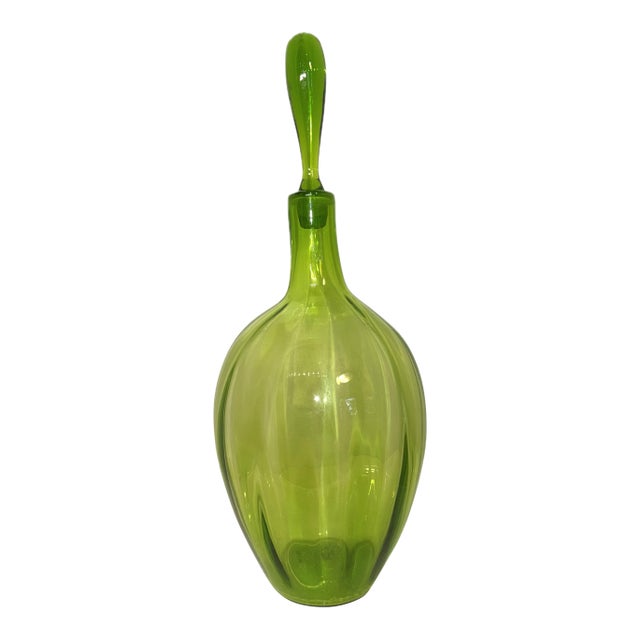 Rare 1969 XL Extra Large Olive Green Blenko #6951 W/Label Handblown Glass Decanter With Stopper Bottle For Sale
