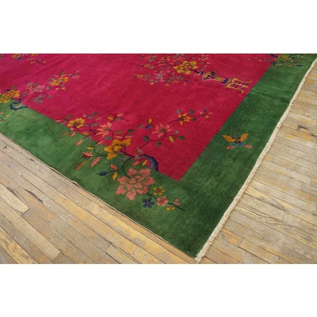 Cerise 1920s Pink Cerise Floral Vase Antique Chinese Art Deco Carpet 9' X 11' 6'' Knotted Wool Rug For Sale - Image 8 of 12