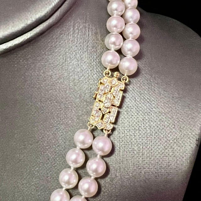 Metal Akoya Pearl Diamond 2-Strand Gold Necklace 7.5 mm 19.25" Certified For Sale - Image 7 of 9