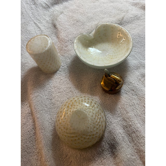 Mid-Century Modern Mid 20th Century Murano Art Glass Smoking Set, Bullicante White With Gold Flecks For Sale - Image 3 of 18