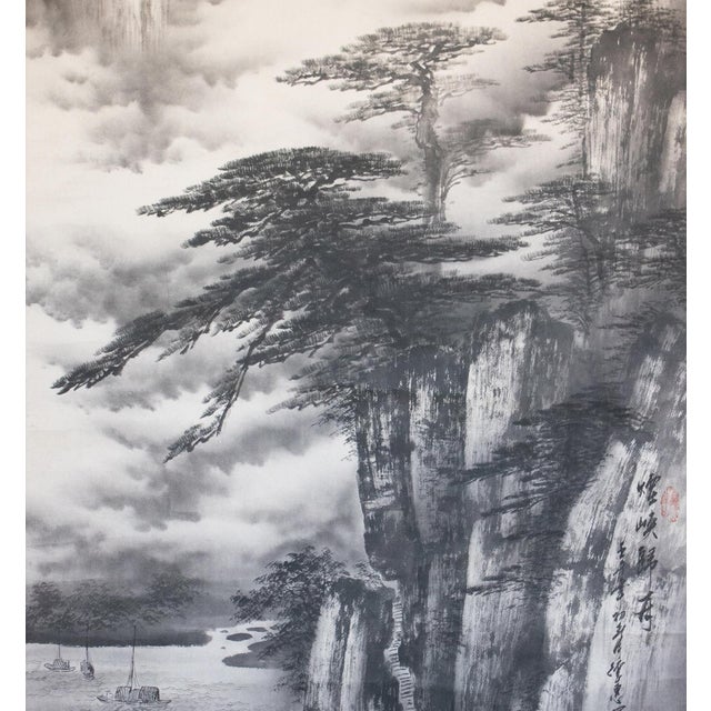 Gray XL 1900-1940s Ink Landscape by Keihou, Japanese Scroll Painting For Sale - Image 8 of 15