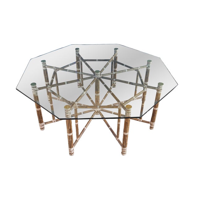 Mid-Century Modern 1970s Attributed to McGuire Mid Century Bohemian Modern Octagonal Bamboo Glass Dining Table 74" For Sale - Image 3 of 18