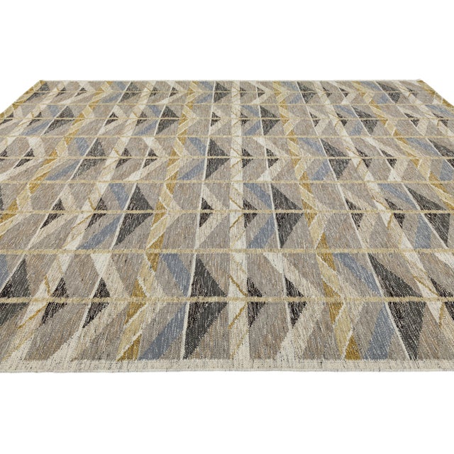 2020s Swedish Flatweave Style Geometric Wool Rug Mid-Century Modern Scandinavian Rug For Sale - Image 5 of 11