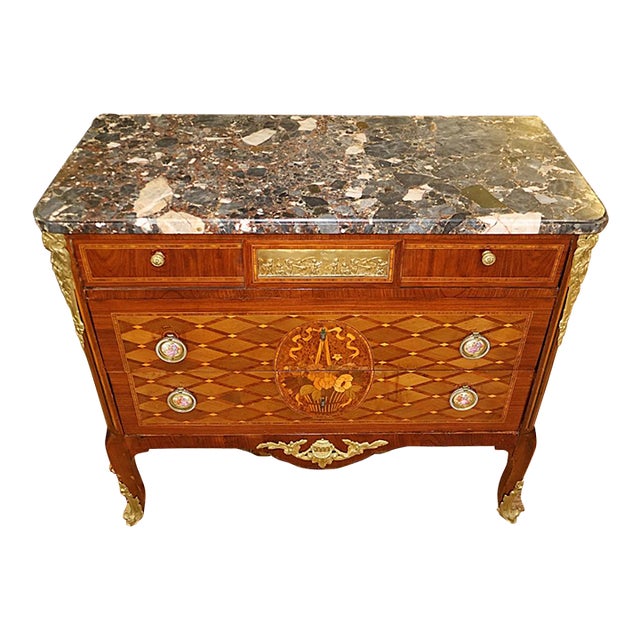 French Louis XVI Style Marble Top Bronze Mounted Inlaid Dresser Commode C 1920's For Sale